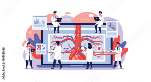 Team of medical professionals using digital tablets and laptops to analyze a human cardiovascular system displayed on a large computer screen.