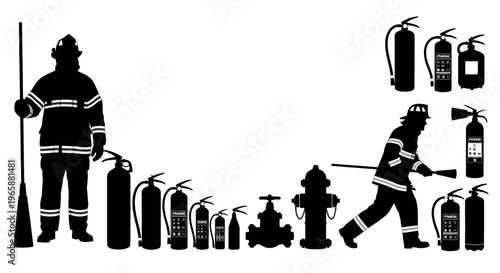 Firefighters and firefighting equipment silhouettes on white background firefighter fire fireman extinguish safety rescue emergency