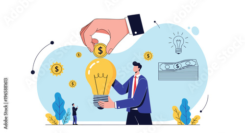 Giant hand putting a dollar coin into a large lightbulb held by a businessman representing investment in creative ideas and innovation.