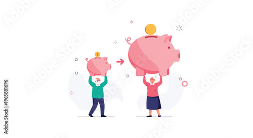 Elderly couple holding up piggy banks of increasing size representing retirement savings growth and long-term financial planning.
