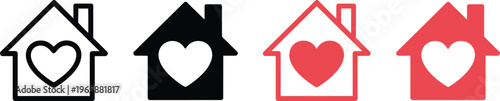 Heart inside house icons representing home love and family care in outline and solid vector styles
