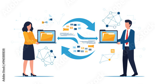 Businesswoman and businessman exchanging digital file folders between their laptops representing data sharing and professional communication.