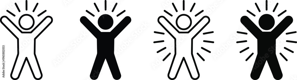 Fototapeta premium Human figure with raised arms and light rays icons set in outline solid and linear vector variations
