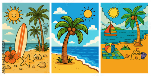 Set of summer beach cartoon illustrations with palm trees, surfboard, sailboat, and sandcastle. Tropical vacation vector art.