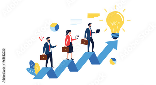 Team of business professionals walking up a blue zigzag arrow towards a large glowing lightbulb symbolizing innovation and collective success.