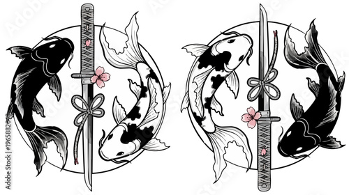 Japanese koi fish and katana sword vector illustration, traditional oriental carp swimming around samurai blade, black and white tattoo style art