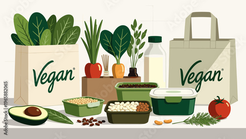 Vegan groceries and plant-based foods displayed with reusable shopping bags