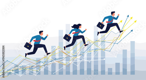 Group of business professionals running and jumping up a complex multi-line growth chart towards the top for competitive success.