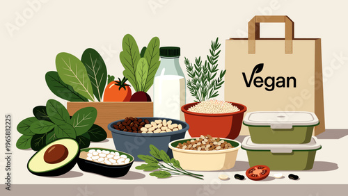 Assortment of fresh vegan ingredients and groceries for healthy eating
