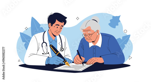 Medical doctor assisting an elderly woman in signing a legal or medical document at a table for insurance or consent purposes.