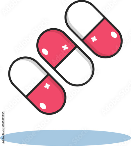 Three red and white pills are falling into a blue puddle of liquid.