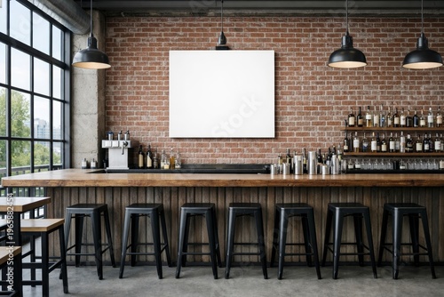 Принти на полотні Blank canvas mockup above rustic bar in modern restaurant interior