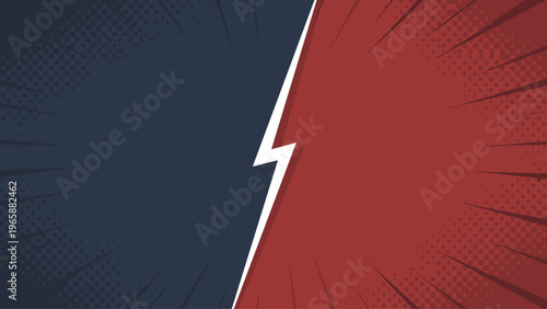 Comic book style versus background with lightning bolt dividing red and blue halves