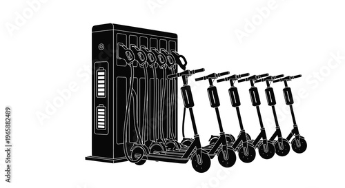 Black and white illustration of electric scooter charging station