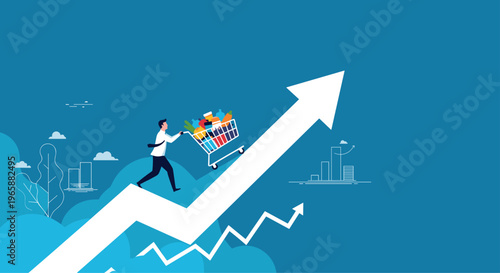 Businessman pushing a shopping cart full of groceries up a large rising white arrow representing inflation and rising consumer prices.