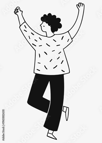 Minimal black and white vector of a cheerful dancing woman with raised arms and lifted leg. Modern flat line illustration for celebration, motion and positive mood concepts.