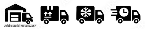 Black warehouse logistics icon set showing depot truck, fragile cargo van, refrigerated truck and express delivery van. Clean symbols for storage and shipping systems.