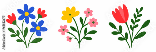 Tiny floral bundle set featuring blue, yellow, pink, and coral blossoms with leafy stems. Bright botanical collection for invitations, scrapbooking, nursery decor, and seasonal design.