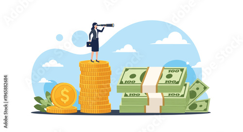 Businesswoman standing on a large stack of gold coins looking through a telescope towards the horizon for future financial opportunities.