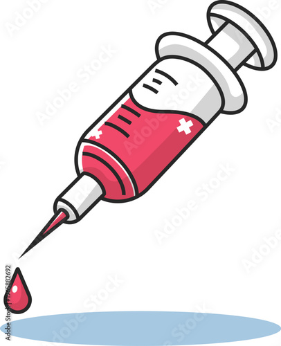 A medical syringe injecting a red liquid drop on a blue surface indoors