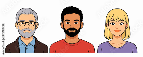 Avatar set featuring an older man, a bearded young man, and a blonde woman. Versatile flat character pack for teams, profile systems, apps, and diverse user representation.
