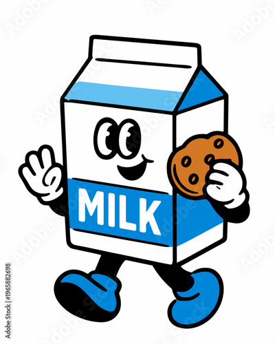 Cute milk carton mascot character walking with a chocolate chip cookie in hand. Playful food packaging illustration with smiling face, retro cartoon style, and friendly snack concept.