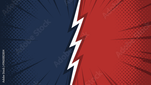 Dramatic comic book style background with contrasting red and blue halves