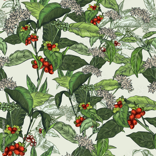 Fashion vector seamless pattern with tropical green coffee plants and berries, vintage luxury style