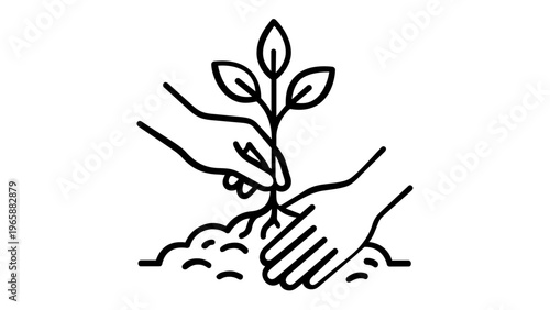 Minimalist vector icon illustration of human hands carefully planting a young tree sapling with three leaves into fertile soil, symbolizing environmental growth, sustainability, and nature care.
