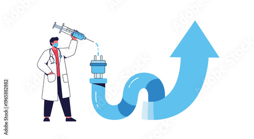 Medical doctor in a face mask injecting a blue liquid vaccine into a pipe that transforms into a rising growth arrow for health recovery.