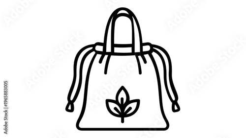 Eco-friendly reusable drawstring bag vector icon illustration with leaf symbol, representing sustainability, zero waste lifestyle, and environmental protection in a minimalist line art style.