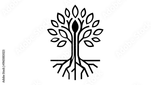 Minimalist black and white vector illustration of a stylized tree with symmetrical branches, leaves, and deep roots, representing growth, nature, sustainability, and environmental life cycle.
