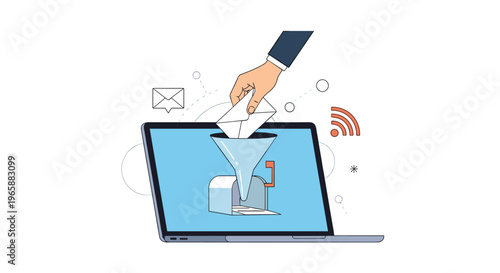 Professional hand putting an email envelope into a digital funnel on a laptop screen for email marketing and communication concept.