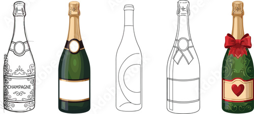 Champagne Bottle Collection with Decorative Labels, Ribbons, and Heart Design for Celebration and Party Designs