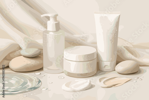 Elegant skincare products with water droplets and smooth stones on a draped fabric background