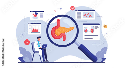Specialist doctor analyzing digestive system through magnifying glass with medical data charts for patient diagnosis.