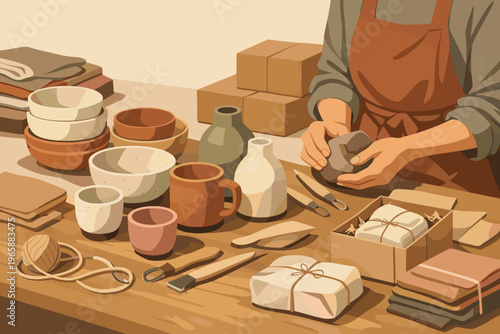 Artisan crafting pottery with clay and tools on a wooden table