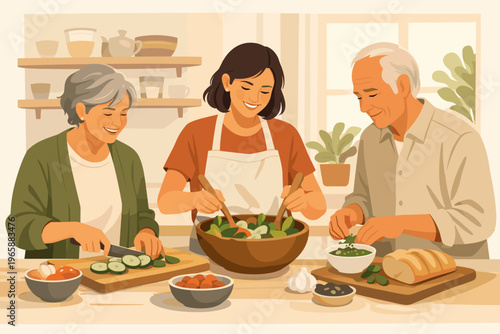 Family happily preparing a healthy salad together in a bright kitchen setting