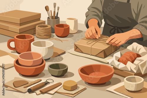 Artisan carefully wrapping a gift box with twine on a craft table