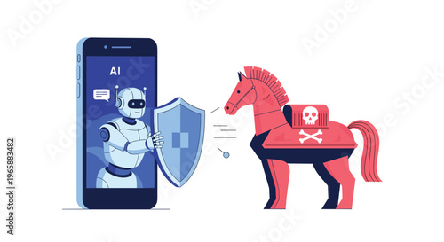 Artificial intelligence robot protecting mobile phone from trojan horse cyber attack with digital shield and security.