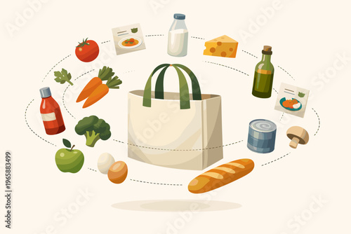 Illustration of a grocery bag surrounded by various food items and recipes