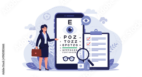 Professional woman standing next to large smartphone screen displaying vision test chart for digital eye care services.