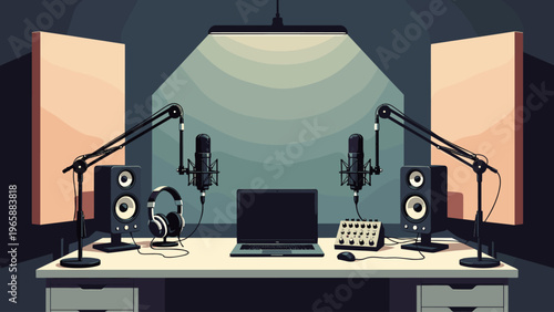 Modern podcast studio setup with microphones, speakers, and laptop