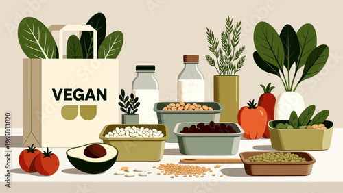 Vegan groceries and plant-based ingredients displayed for a healthy lifestyle