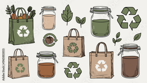 Eco-friendly reusable shopping bags and glass jars with recycling symbols