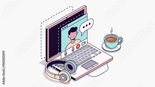 Modern isometric illustration of a laptop with video call and headphones