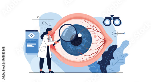 Medical professional examining large human eye with magnifying glass to detect vision problems and optical diseases.