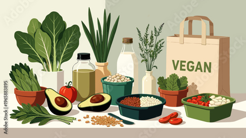 Healthy vegan food assortment with fresh produce and plant-based staples