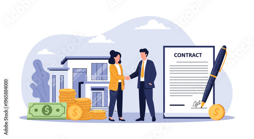 Professional real estate agent shaking hands with client after signing property contract for new house purchase.