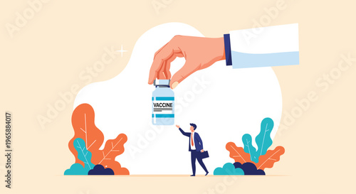 Giant hand giving vaccine vial to small businessman to represent global health protection and pandemic recovery.